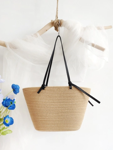 Woven Cotton Rope Tote Bag Large Capacity Shoulder Handbag With Black Straps Minimalist Vacation Beach Style For Women