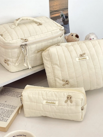 Quilted Cosmetic Bag Rabbit Embroidery Soft Cotton Storage Pouch For Travel Makeup Stationery Kawaii Cream White Zippered