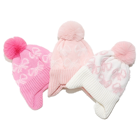 Gorro De Punto Para Niños Protección Para Los Oídos Pompon De Piel Sintética Lazo Jacquard Cálido Invierno Para Niñas
