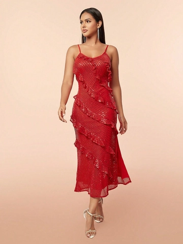 Damen Rotes Paillettenkleid Gestuftes Rüschen Spaghettiträger Hoher Schlitz Sexy Elegantes Abendparty Kleid