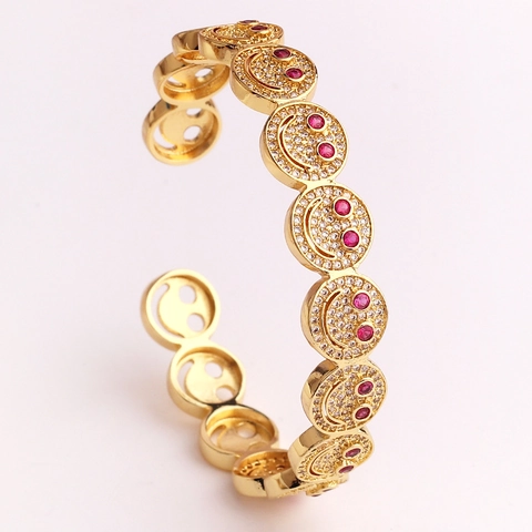 Retro Smiley Face Open Bangle Copper Gold Plated Micro Pave White Zircon Colorful Eye Stones Adjustable Bracelet