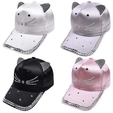 Casquette De Baseball Avec Oreilles De Chat 3D Strass Moustaches Finition Satinée Réglable Pour Femmes Filles
