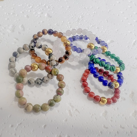 Natural Stone Beaded Ring Minimalist Handmade Elastic Stretch Gemstone Rings With Stainless Steel Gold Bead For Women