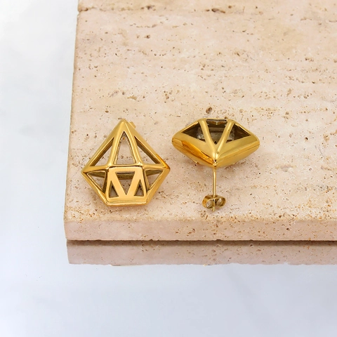 Orecchini a Bottone a Forma di Diamante Cavo Geometrico Acciaio Inossidabile Galvanizzato Retrò 3D Poligono Oro Orecchini per Donna Gioielli Moda Regalo