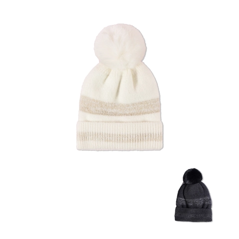 Gorro Beanie De Invierno Con Pompon De Piel Sintetica Punto Acrilico Forro Polar Rayas Brillantes Moda Unisex