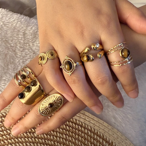 Vintage Bohemian Ring Stainless Steel Natural Tiger Eye Stone Adjustable Open Geometric Retro Jewelry For Women