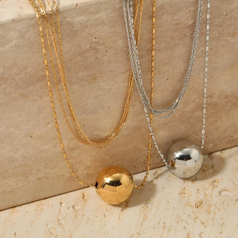 Collier Multi-Rangs En Acier Inoxydable Avec Grand Pendentif Boule Polie Multi-Brins Sphère Ronde Bijoux Minimalistes Pour Femmes