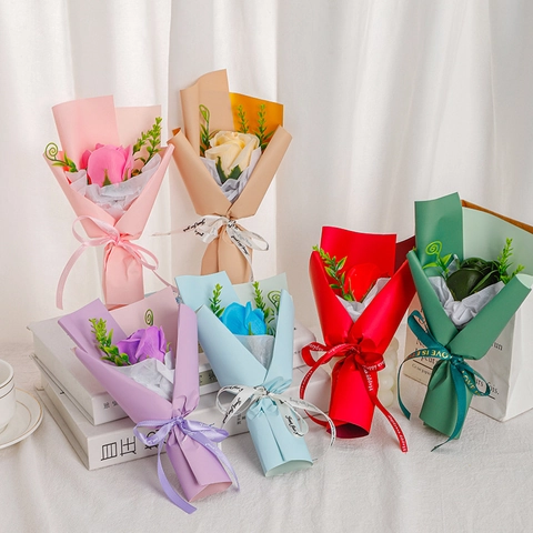 Mini Soap Rose Bouquet Single Stem Scented Artificial Flower Gift Wrapping Ribbon For Mothers Day Wedding Party Favors