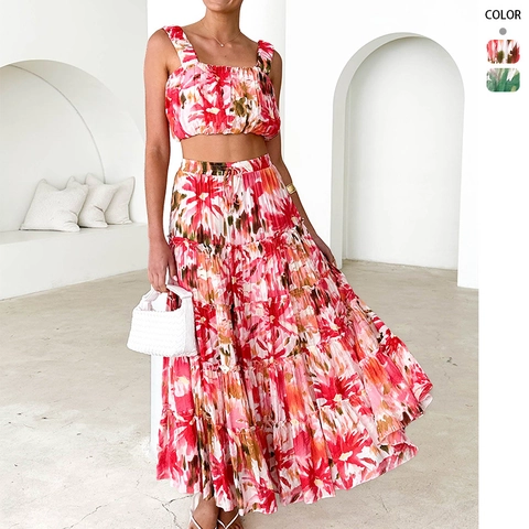 Top Corto Stampa Floreale E Gonna Maxi A Balze Poliestere Boho Vacanze Estive Spiaggia Per Donne