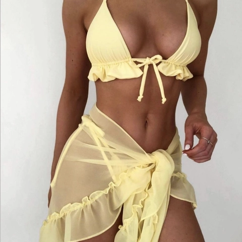 Women Bikini Top And Bottom With Mesh Sarong Skirt Solid Ruffled Halter Neck Sexy Beachwear Swimsuit