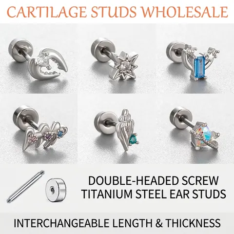Titanium Stahl Knorpel Ohrstecker Zirkon Herz Stern Flügel Schalen Design Flacher Schraubverschluss Piercing Schmuck
