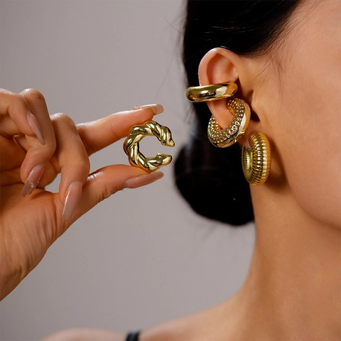 Pendientes Clip Aleación Metal Forma C Sin Agujero Textura Retorcida Lisa Estriada Punteada Joyería Mujer