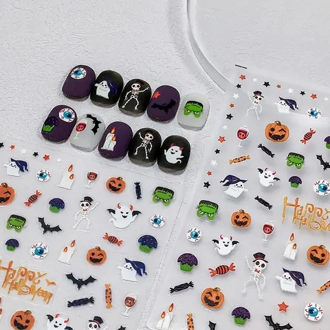 Halloween Nail Art Stickers 5D Embossed Self Adhesive Stereoscopic Pumpkin Ghost Skull Bat DIY Manicure Decoration