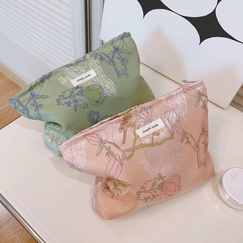 Borsa Per Trucco Jacquard Con Fiori E Uccelli Stile Vintage Organizzatore Cosmetico In Tessuto Cerniera Portatile