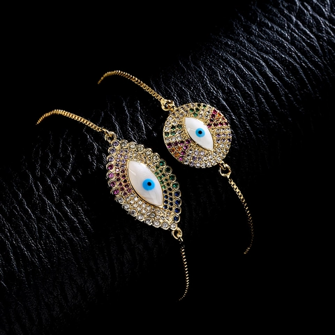 Evil Eye Armband Vergoldetes Kupfer Bunte Zirkonia Muschel Verstellbar Boxkette Boho Schmuck Für Frauen