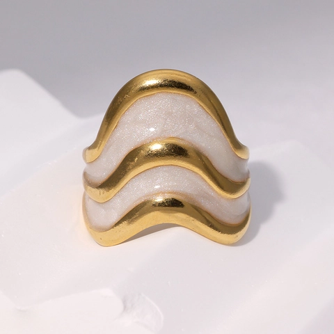 Wave Enamel Open Ring Stainless Steel 18K Gold Plated Adjustable French Vintage Light Luxury Jewelry For Women