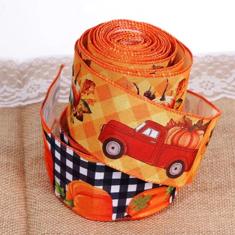 Nastro con Bordo Cablato per Halloween Ringraziamento in Finta Tela Zucca Foglia d'Acero Camion Plaid Nastro Decorativo per Casa