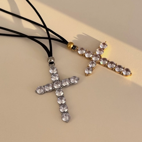 Verstellbare Kreuz Anhänger Halskette Edelstahl Gold Silber Strass Eingelegt Religiöser Modeschmuck Für Damen Alltag