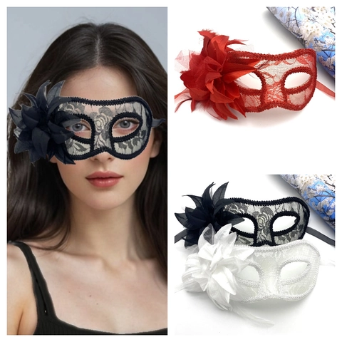 Venetian Masquerade Mask With Lace Feather Flower Decor Elegant Half Face Eye Mask For Halloween Party Costume Women