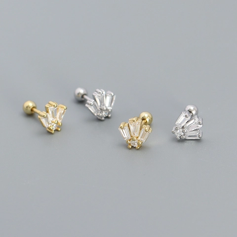 Baguette Zircon Fan Shaped Cartilage Stud Earrings With 925 Sterling Silver Earring Post Crown Design Threaded Screw Back