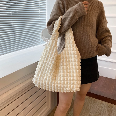 Tote Bag Popcorn Texture Canvas Large Capacity Underarm Shoulder Purse Korean INS Sweet Girly Pleated Bubble Fabric Soft