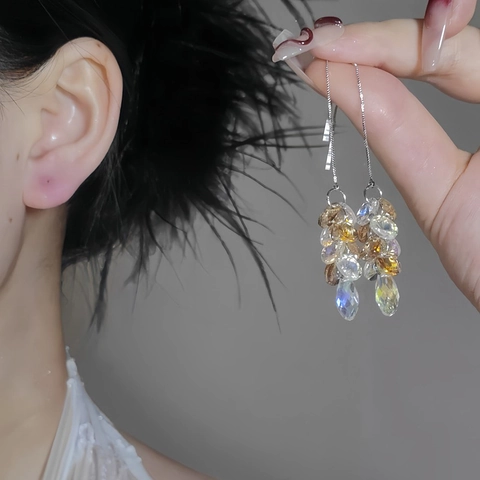 Pendientes De Borla Con Poste De Plata Vidrio Facetado Cristal Lujo Largos Joyería Elegante Para Mujer