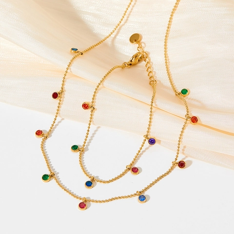 Stainless Steel Necklace Bracelet Anklet Round Ball Chain Colorful White Cubic Zirconia Jewelry For Women