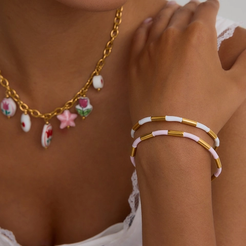 Brazalete Abierto Minimalista Con Bloques De Color De Acero Inoxidable Chapado En Oro Esmalte Pulsera Geométrica Para Mujeres