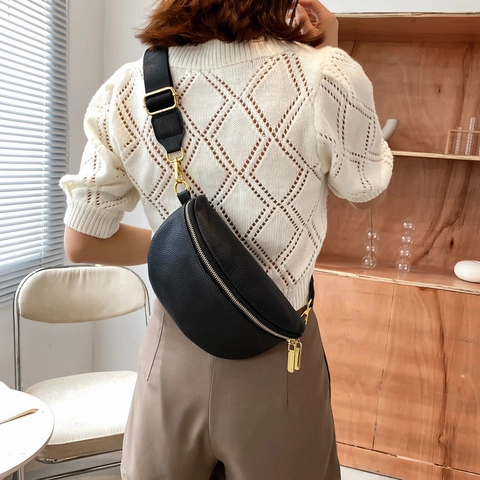 Women Waist Bag Litchi Grain PU Leather Chest Bag With Wide Adjustable Strap Double Gold Zippers Trendy Crossbody Pouch