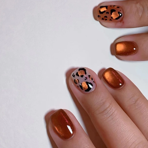 Unghie Finte Press On Leopardate Occhio Di Gatto Arancione Rosso Marrone Caramello Corte Forma Bara Ballerina Plastica ABS Moda Per Donne