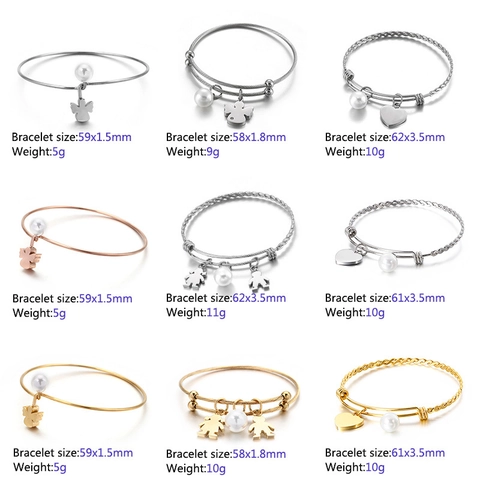 Stainless Steel Bangle Bracelet With Shell Artificial Pearl And Heart Angel Star Pendants Adjustable Open Cuff Wire Jewelry For Women