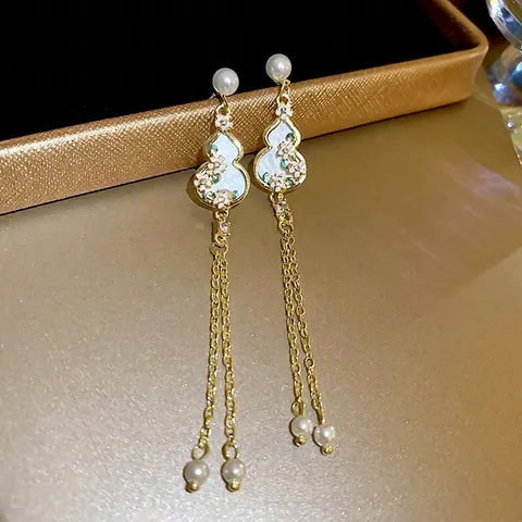 Orecchini Lunghi Con Nappine Stile Cinese Vintage Hulu Gourd Con Lega Smalto Fiore Perla Artificial E Perno In Argento