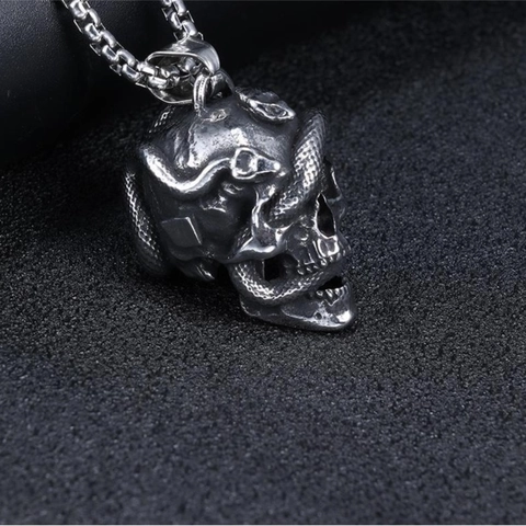 Stainless Steel Skull Snake Pendant Necklace Gothic Punk Retro Biker Jewelry For Men