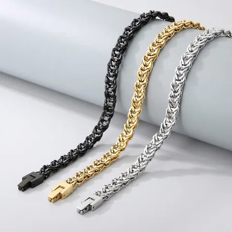 Stainless Steel Braided Chain Necklace For Men Hip Hop Streetwear Byzantine Wheat Chain With Square Clasp Modern Jewelry