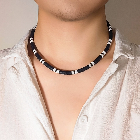 Men Minimalist Black White Polymer Clay Beaded Necklace Handmade Heishi Disc Choker Bohemian Style Jewelry Unisex