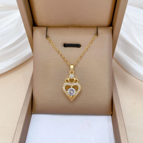 Hol Hart Kroon Hanger Ketting Titanium Stalen Ketting Met Glinsterende Zirkonia Voor Dames Elegant Sleutelbeen Accessoire