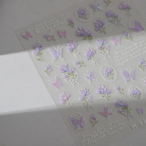 3D Relief Lila Schmetterling Blume Nagelkunst Aufkleber Holographische Laser Transparente Selbstklebende Decals DIY Maniküre