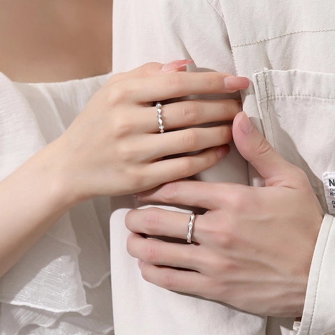 Anillos De Pareja De Plata De Ley 925 Geométricos Ondulados Circonita Cúbica Incrustada Ajustable Diseño Abierto Hombre Mujer