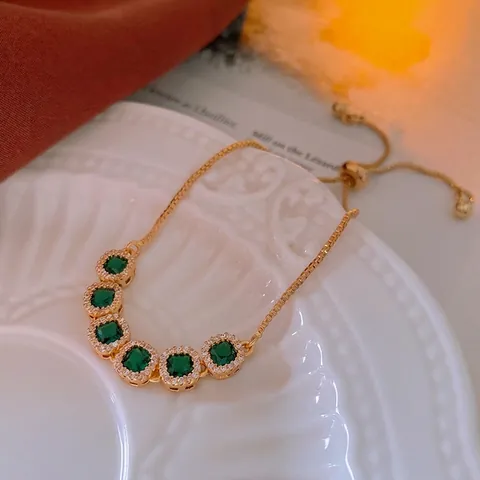 Adjustable Bracelet Copper Emerald Green Square Zircon Inlaid Geometric Slider Clasp Vintage Light Luxury Jewelry Women
