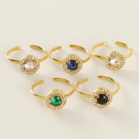 Women Adjustable Ring Round Zircon Halo Design 18K Gold Plated Stainless Steel Elegant Minimalist Jewelry