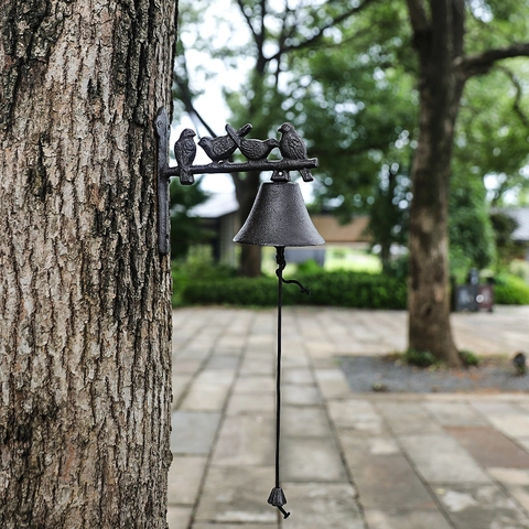 Retro Cast Iron Wall Mounted Doorbell Vintage European Style Birds On Branch Garden Bell With Pull Rope For Outdoor Decor