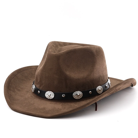 Vintage Westerse Cowboyhoed Suede Polyester Brede Rand Met Metalen Conchos Retro Jazz Fedora Voor Heren Dames
