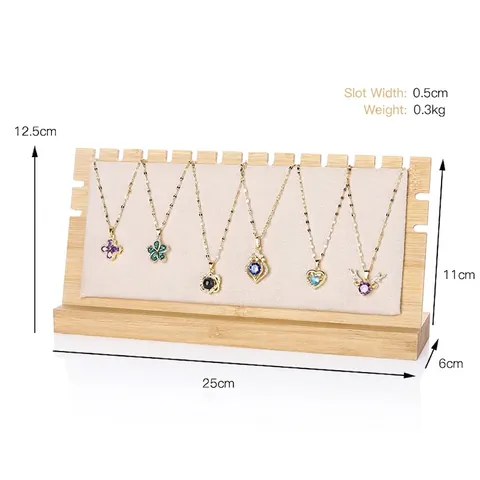 Necklace Display Stand Bamboo Wood Desktop Jewelry Organizer Velvet Leather Multi Slot Pendant Holder L Shape Rack
