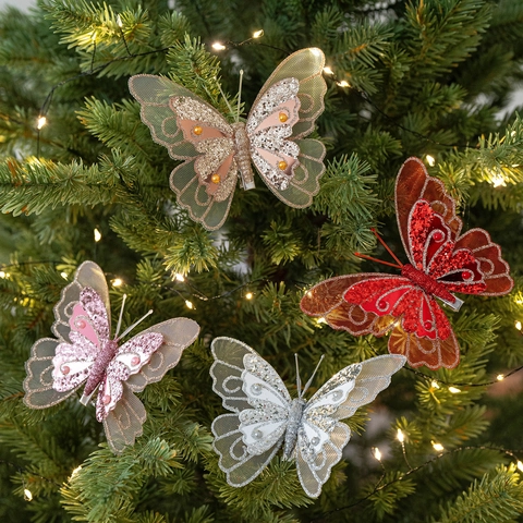 Butterfly Christmas Tree Decorations Plastic Mesh Feather Sequin Glitter Artificial Pearl Clip On Holiday Party Home Decor Elegant