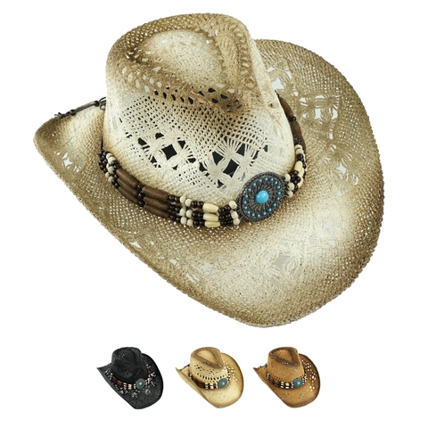 Western Cowboy Straw Hat Hollow Breathable Wide Brim Vintage Ethnic Sun Beach Hat With Turquoise Beaded Band