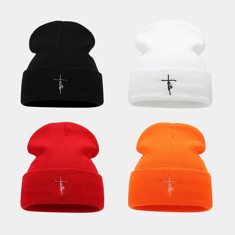 Berretto In Maglia Ricamo Croce Faith Costine Caldo Cappello Invernale Casual Skull Cap Per Unisex