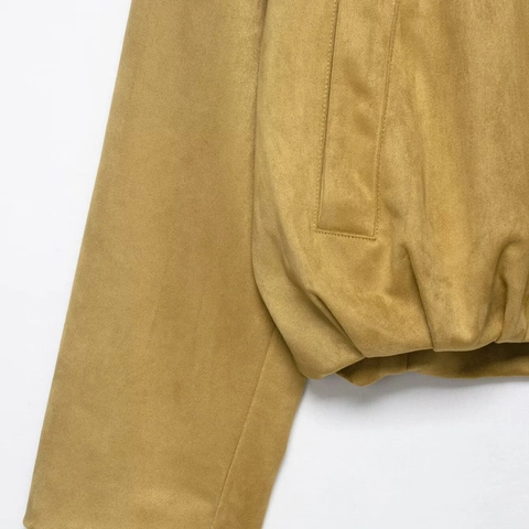 Women Faux Suede Jacket Short Baseball Coat Lapel Zipper Casual Retro Streetwear Outerwear Ginger Yellow Long Sleeve