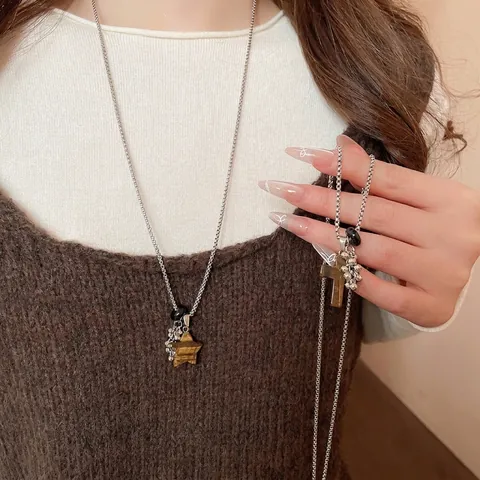 Retro Vintage Edelstahl Lange Pullover Kette Halskette Mit Tigerauge Stein Kreuz Stern Anhänger Perlen Design