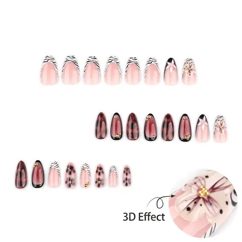 Press On Nails 3D Flower Zebra Print French Style Metallic Beads Chic False Nail Tips For Women Artistic Design
