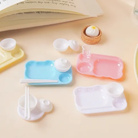 Dollhouse Miniature Kitchenware Toy Plastic Simulation Tableware Bear Shape Plate Bowl Chopsticks Cup Pretend Play Decor